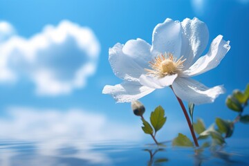  a close up of a white flower with water in the foreground and a blue sky with white clouds in the background with a few white clouds.