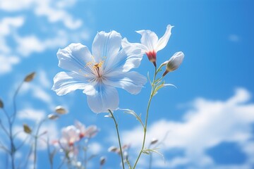  a close up of a white flower with a blue sky in the background with some clouds in the sky and a few red and white flowers in the foreground.