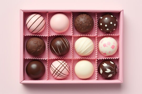 Assortment of luxury bonbons in box on pastel pink background. Exclusive handmade chocolate candy. Minimal food concept