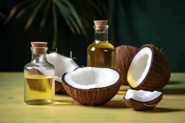 Obraz na płótnie Canvas Exotic table Coconut slice and oil bottle display on a table