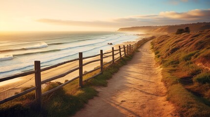 Empty wooden walkway on the ocean coast in the sunset time, pathway to beach - obrazy, fototapety, plakaty