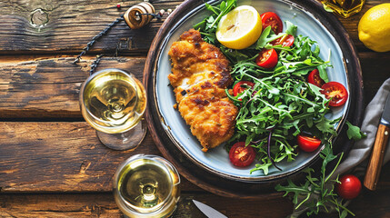 fish cutlet on greens and glass of wine on wooden background. delicious food. - obrazy, fototapety, plakaty