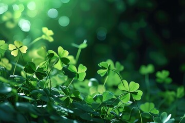 Fototapeta na wymiar Green background with three-leaved shamrocks. St. Patrick's day holiday symbol.