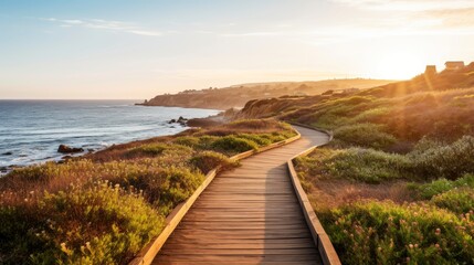 Fototapeta na wymiar Empty wooden walkway on the ocean coast in the sunset time, pathway to beach