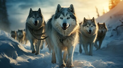  a group of wolfs walking in the snow with their heads turned towards the camera and their backs turned towards the camera, with the sun shining through the clouds in the background.