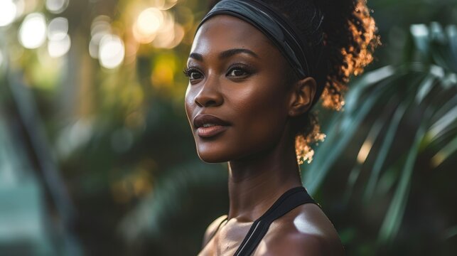 Woman in active wear enjoying fitness in a lush outdoor setting during golden hour sunlight