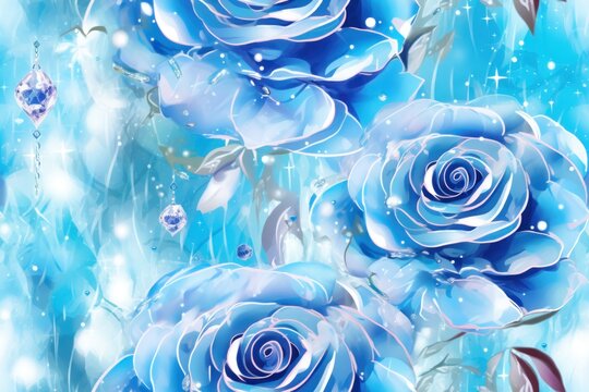  a painting of three blue roses on a blue background with drops of water on the petals and the petals are falling off of the petals and the petals are falling off of the petals.