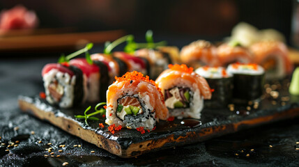 Fresh delicious Japanese sushi on a dark background. sushi, rolls - obrazy, fototapety, plakaty