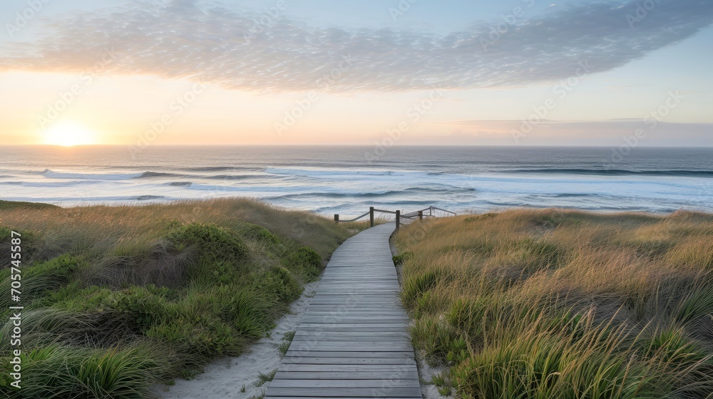 Wall mural empty wooden walkway on the ocean coast in the sunset time, pathway to beach - Wall murals