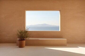  a potted plant sits in front of a window with a view of the ocean and a distant mountain in the distance in a room with a white tile floor.