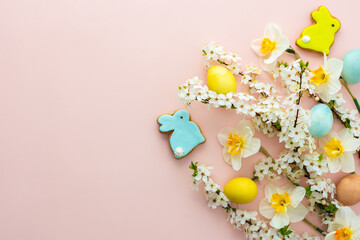 Festive background with spring flowers and naturally colored eggs and Easter bunnies, white daffodils and cherry blossom branches on a pink pastel background