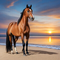 Obraz premium Brown horse on sandy beach at sunset