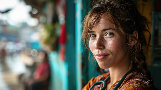 Portrait of a smiling female medical professional in a vibrant urban setting during a sunny day enhancing community health awareness