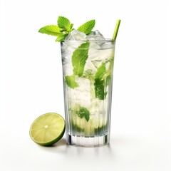 AI-generated illustration of a glass of refreshing Mojito on a white background