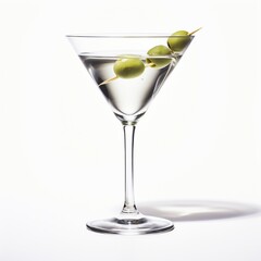 AI-generated illustration of an olive martini drink in a stemmed glass against a white background