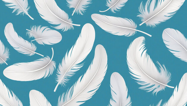 3d wallpaper Feather abstract freedom concept. Group of light fluffy a white feathers floating in a blue sky.
