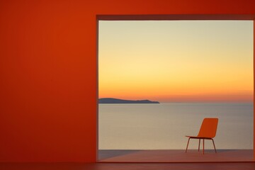  a chair sitting in the middle of a room with an open door leading to a view of a body of water with a mountain in the distance in the distance.