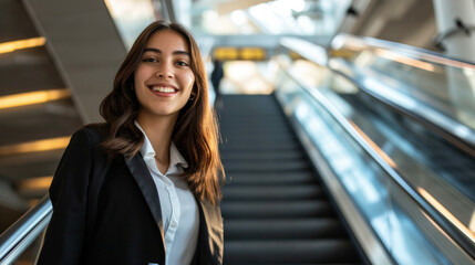 Fototapeta premium Outdoor portrait of the beautiful young sexy woman. Attractive caucasian girl smiling and posing in escalator. Pretty female person with positive emotions
