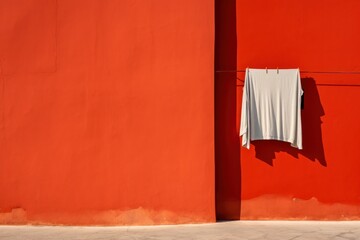  a white t - shirt hanging on a red wall next to a red wall with a white t - shirt hanging on a red wall next to a white t - shirt hanging on a red wall.