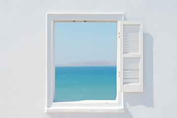  a window with shutters and a view of a body of water in the reflection of a window with shutters and a view of a body of water in the distance.