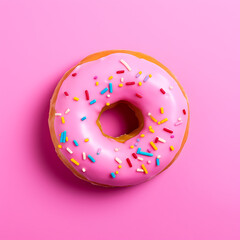  Top view of a pink donut on a colorful background. A playful and eye-catching image for promoting sweet treats
