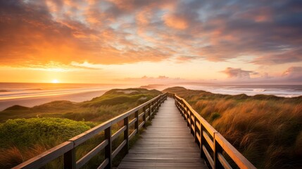 Empty wooden walkway on the ocean coast in the sunset time, pathway to beach