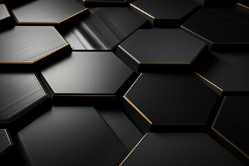  a bunch of black and gold hexagonals are arranged in a hexagonal pattern on a black background with a gold stripe at the center of the hexagonals.