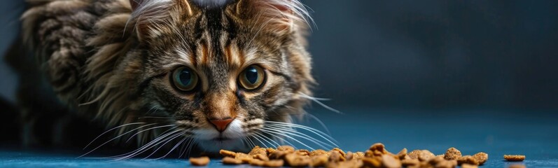 Cat ating cats food on blue background .  Banner - obrazy, fototapety, plakaty