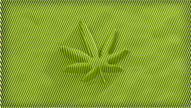 This image features a curvy and abstract geometric shape resembling a cannabis leaf, floating on a vibrant green ripple strip background. Ideal for celebrating 420 culture on April 14th.