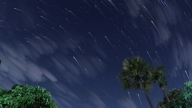 Starry night sky with startrails in the nature. 4k Time lapse