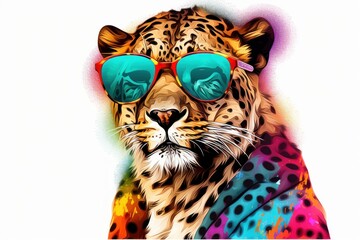  a painting of a leopard with sunglasses on it's head, wearing a colorful jacket and a colorful shirt with a leopard print on it's chest and a white background. - obrazy, fototapety, plakaty