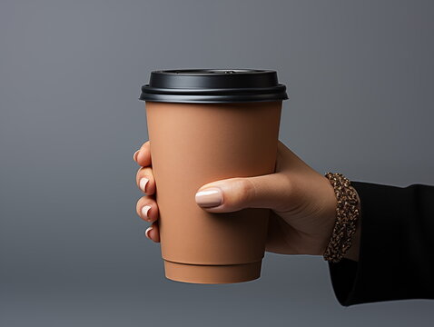 hand holding a take away paper cup with lid, mockup, coffee cup, Generated AI