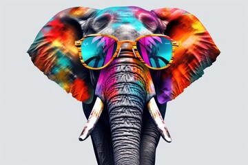 Fototapeta na wymiar an elephant with sunglasses on it's head is wearing a pair of sunglasses that look like it has been painted with a multi - colored elephant's head.