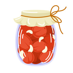 Glass jar of preserved tomatoes and garlic in flat style. Can of pickled tomatoes. Grocery conserve container. Vector illustration isolated on a white background.