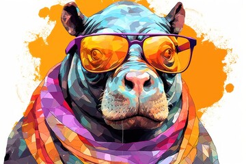  a painting of a dog wearing glasses and a scarf on a white background with a splash of paint on the bottom of the image and bottom half of the dog's face.