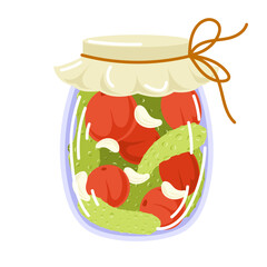 Jar preserved tomatoes and cucumbers in flat style. Can of pickled vegetables. Grocery conserve container. Vector illustration isolated on a white background.
