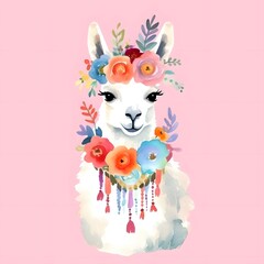 create a hand drawn watercolor clipart of a llama with flowers, white background, 4k