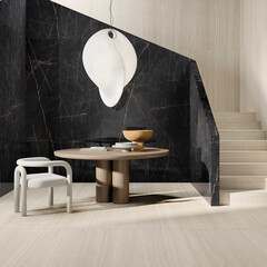 Luxury home interior with black and white marble floor and wall, hanging lamp, wooden table and chair. 3D rendering