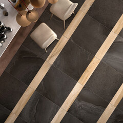 Top view of kitchen interior with black marble floor with golden pattern. 3D Rendering