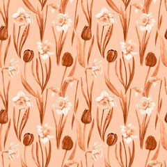 Watercolour tulips and daffodils spring flowers illustration seamless pattern. On Peach background. Hand-painted. Floral elements, leaves. Botanical. For interior print decoration, fabric, wrapping.