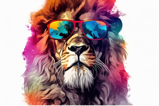  a close up of a lion wearing sunglasses and a tie dye painting on the back of it's face with the colors of the rainbow and blue, red, yellow, green, purple, yellow, and blue, and orange.