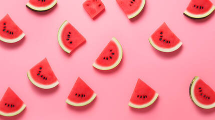 Top-down view of a watermelon pattern on a pink backdrop. Embrace the creative summer vibes with this refreshing concept.