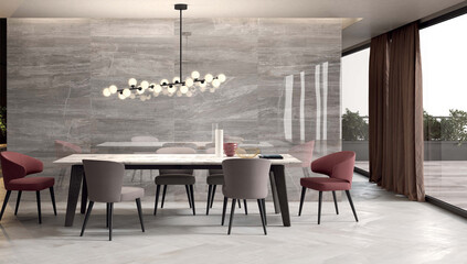 Home interior, modern bright dining room interior, grey bricks empty wall mock up, wooden table and comfy sofa chairs. 3D Rendering