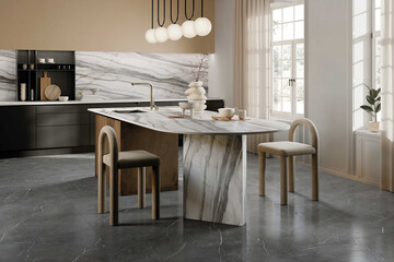 Modern dark kitchen and dining room interior with furniture and kitchenware, grey, black and dark kitchen interior background, luxury kitchen. 3D Rendering