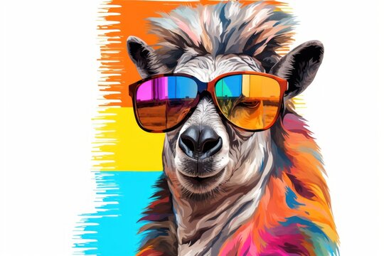  a painting of a llama wearing sunglasses with a multicolored pattern on it's face and the image of the llama's head is on a multicolored background.