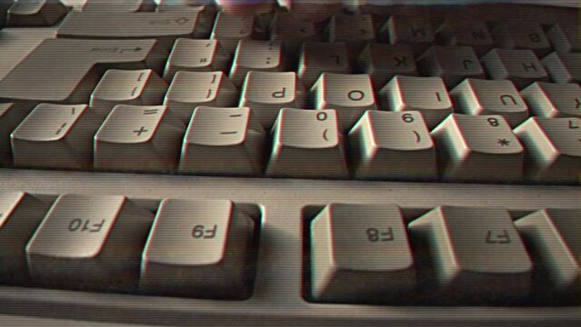 Computer engineer developer is working on old vintage computer 1990s. Antique classic pc keyboard and programmer typing hands. Internet web digital startup history. Outdated retro technology concept