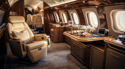 A private jets cabin adorned with works of art and luxury decor