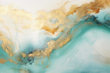  an abstract painting of gold and teal colors on a white and blue background with a gold swirl on the left side of the image and the top of the image on the right side of the left side of the image.