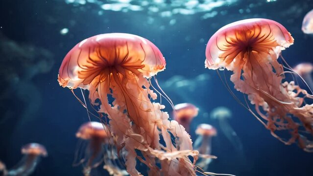 Beautiful orange jellyfish floating in the ocean. Breathtaking underwater scene.