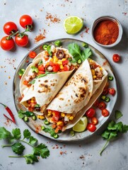 Burritos Mexican traditional food setting with vegetables